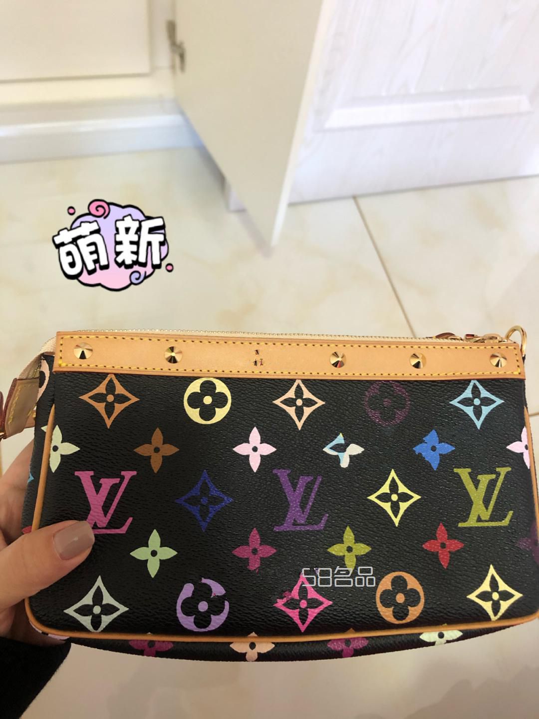 絕版LV黑三彩麻將包 保存品大全套~ 這個配色粉紫綠很難遇見~,lv pallas錢包_3