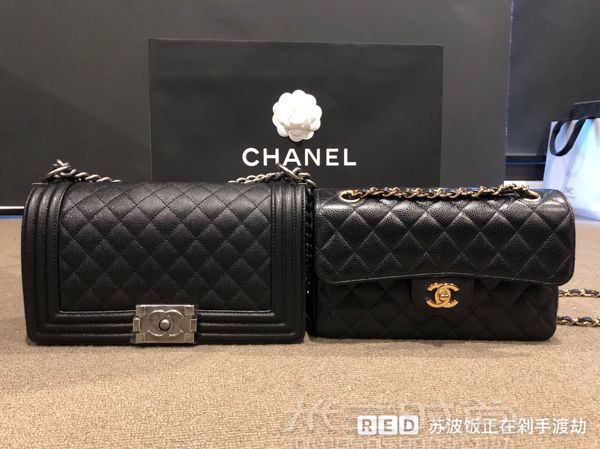 香奈兒Leboy中號黑銀 荔枝牛皮做舊銀（vscf大小對比）_6