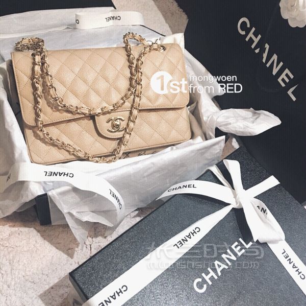 香奈兒 Chanel cf 中號(hào)裸色牛皮金鏈上身圖_1