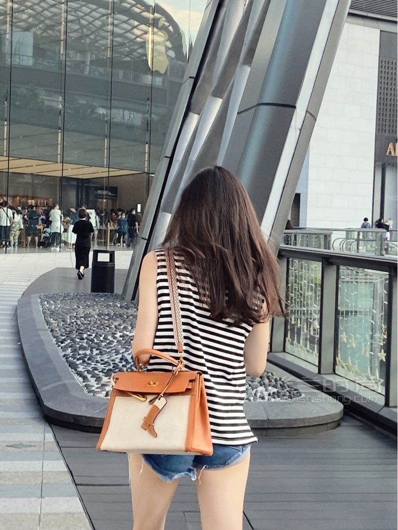 愛(ài)馬仕HERMES Kelly 32 奶茶色 帆布拼皮_6