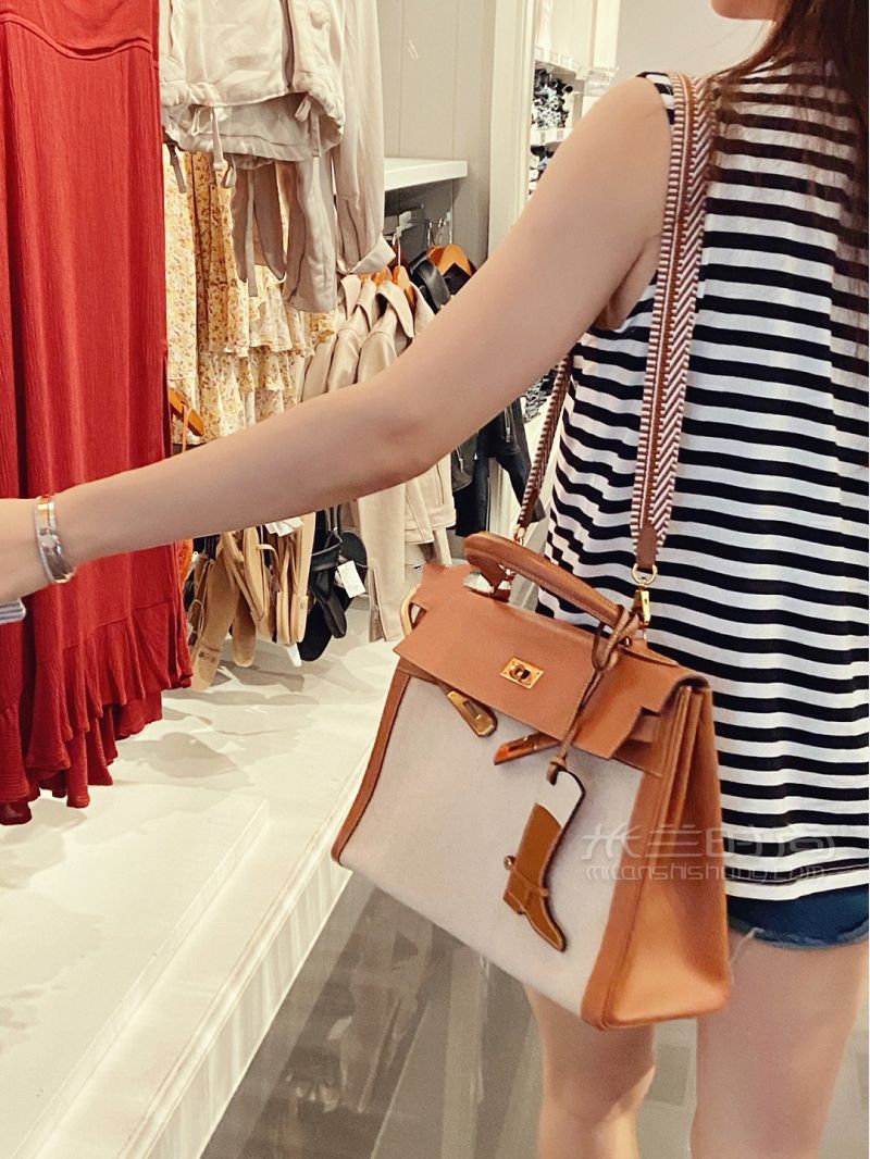 愛(ài)馬仕HERMES Kelly 32 奶茶色 帆布拼皮_1