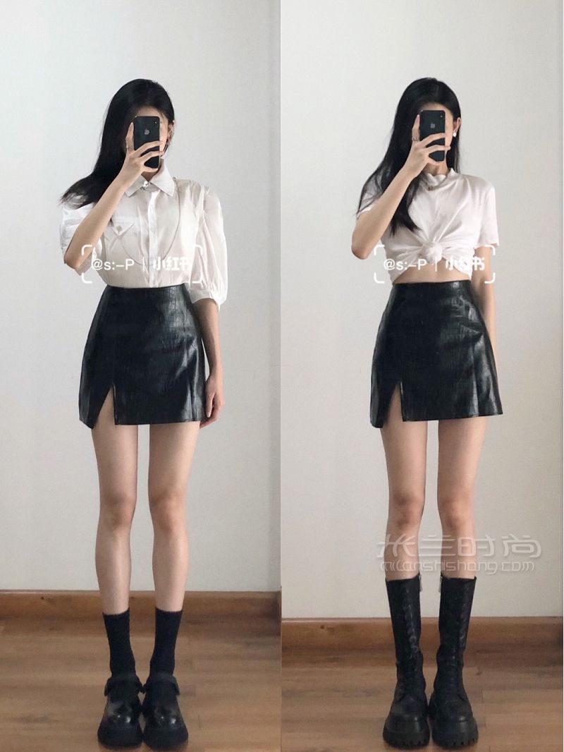 可鹽可甜酷女孩黑灰色系帥氣皮裙西裝皮裙_7