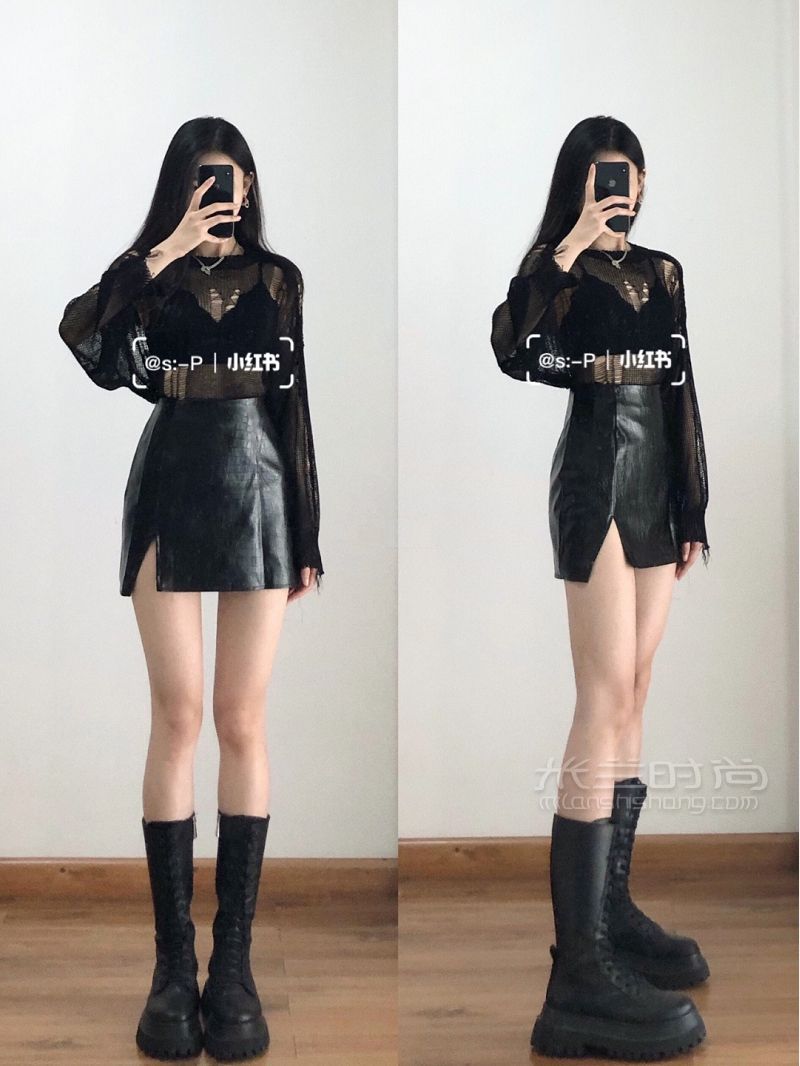 可鹽可甜酷女孩黑灰色系帥氣皮裙西裝皮裙_4